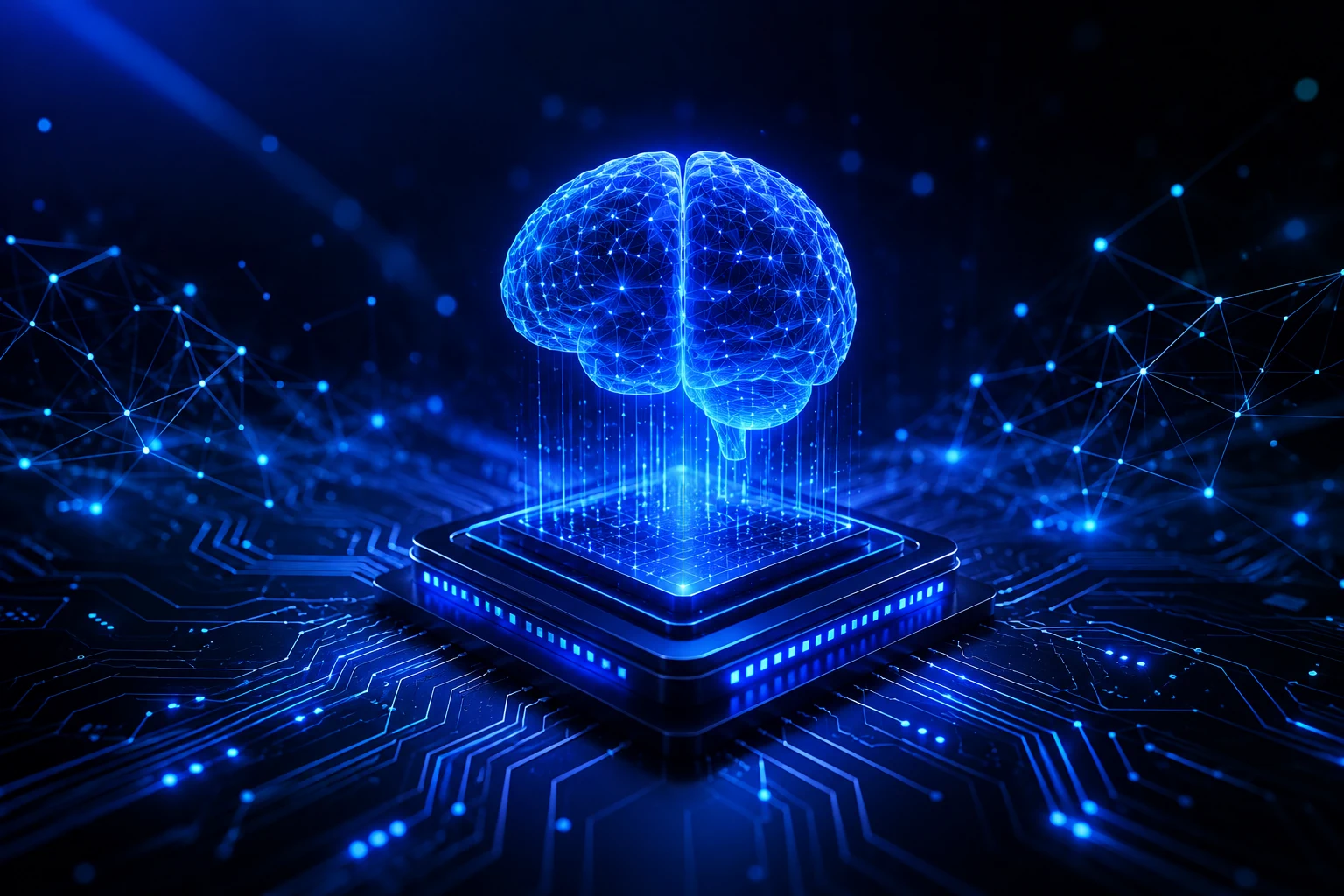 A glowing neural network brain rising from a processor on a circuit board